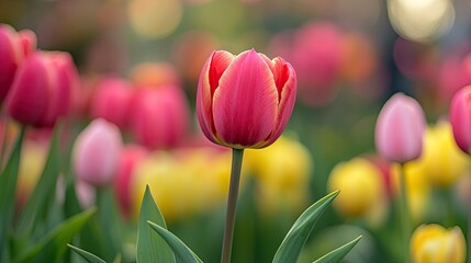 Close-Up Tulip Flower Bloom with Blurry Tulips in Spring Garden