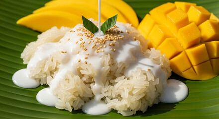 Delightful mango sticky rice with coconut milk drizzled on a vibrant banana leaf, showcasing Thai dessert cuisine.