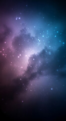 Glimmering celestial clouds and starry skies unfold in an ethereal gradient of purple, blue and dark hues, a captivating cosmic view.