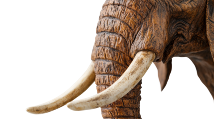 Elephant's head sculpture shows the detailed texture with long white tusks isolated.