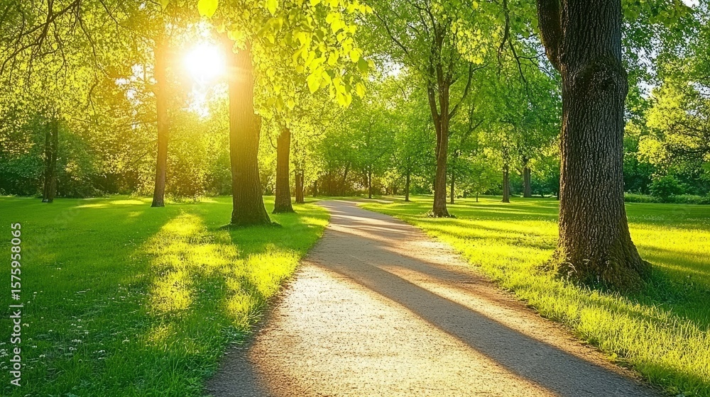 Poster sunlight streams through a park pathway lined with lush trees.