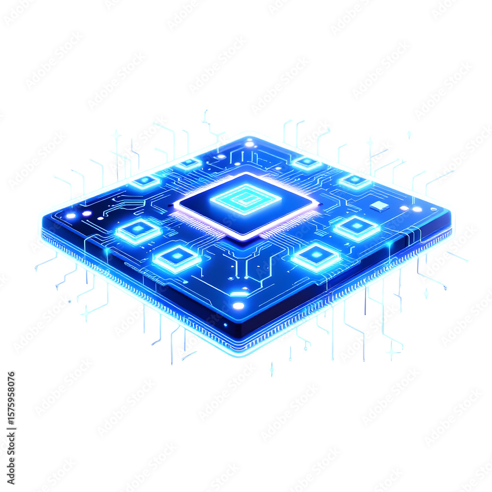 Poster a futuristic blue glowing microchip processor with intricate circuitry and illuminated components, s