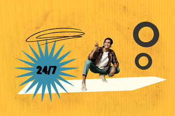 Creative banner image collage of young business entrepreneur guy girl 24 7 workaholic improvement...