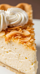 A delectable slice of coconut cream pie, garnished with toasted almonds and a swirl of sweet whipped cream frosting.