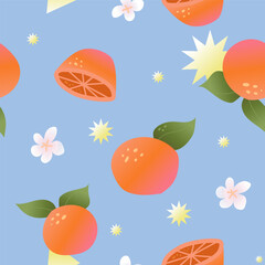 Seamless Orange Fruit Pattern on Blue Background. Modern Exotic Design for Paper Cover Fabric. Vector Illustration.