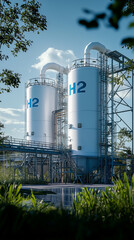 Hydrogen storage facility surrounded by greenery under a clear blue sky