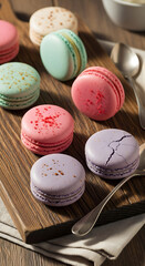Assorted colorful macarons lay elegantly on a rustic wooden board, showcasing a variety of pastel hues and delicate textures, food styling.