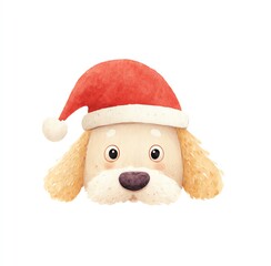 Adorable watercolor clipart of a Golden Retriever puppy wearing a Santa hat for Christmas. Festive and cheerful, perfect for holiday greetings.