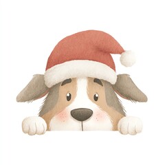 Adorable watercolor clipart A cute puppy wearing a Santa hat peeks over a white surface, spreading holiday cheer.