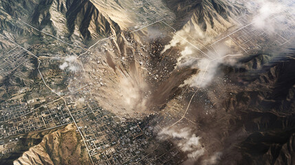Destruction from a natural disaster impacts a city surrounded by mountains