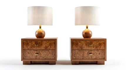 A set of matching bedside tables with lamps, isolated on white background