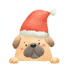 Adorable Watercolor Pug in Santa Hat, Peeking Playfully. Festive Christmas Clipart for Holiday Cheer