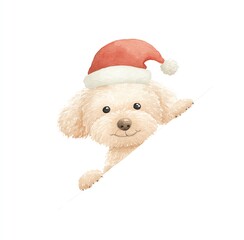 Adorable Watercolor Poodle in Santa Hat Peeking from Corner, Festive Holiday Clipart