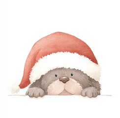 Adorable watercolor puppy peeking over a white surface, wearing a festive Santa hat. A charming Christmas-themed illustration.