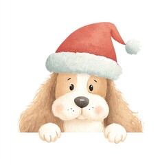 Adorable Watercolor Puppy in Santa Hat, Peeking Over a White Sign, Festive Christmas Cheer