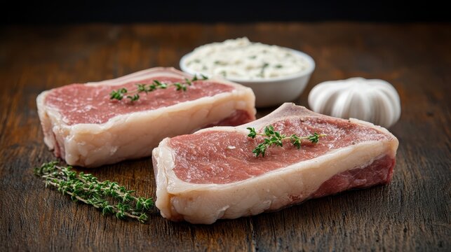 Delicious Raw Cuts of Meat on Rustic Wooden Table Ready for Cooking