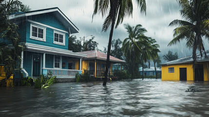 Flooding in residential area during intense rainstorm with palm trees