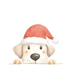 Adorable Golden Retriever Puppy in a Santa Hat, peeking from behind a white banner, Watercolor Christmas Clipart