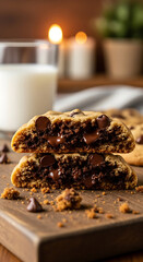 Delicious chocolate chip cookies are stacked showcasing gooey chocolate served with a refreshing glass of milk, perfect for dessert