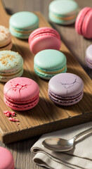 Colorful assortment of French macarons elegantly displayed on a rustic wooden board, offering a sweet and inviting confectionary treat.