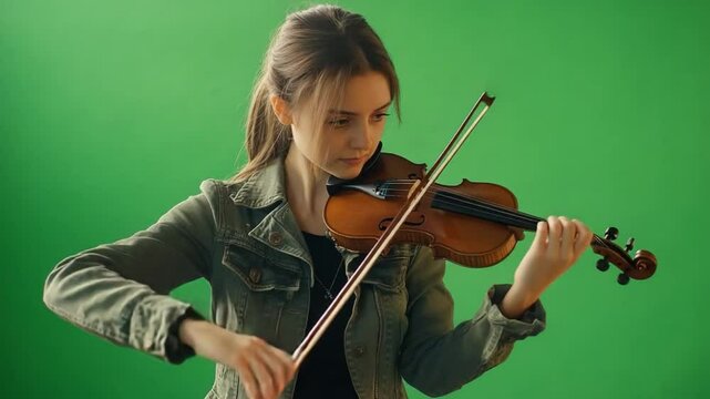 Harmonious Solo: A poised young musician is fully immersed in the art of playing the violin, bow in hand, poised gracefully on the strings, with unwavering focus and deep appreciation for music.