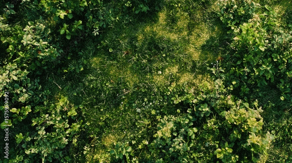 Poster close-up view of a patch of grass and foliage.