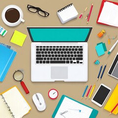 Top-down view of a workspace with laptop, office supplies and digital tablet.