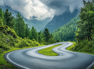 Beautiful, winding asphalt road in the green forest with mountains and clouds in the background, northern Italy. A scenic highway for car travel through the natural landscape of the Alps. Restaurant C