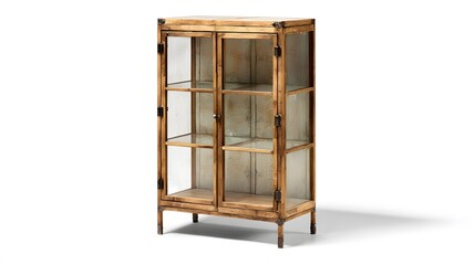 A two-door wooden cabinet with glass panels, white background