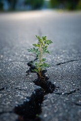 Fototapeta premium Small green plant growing through crack in asphalt, symbol of resilience, hope, and nature overcoming urban obstacles