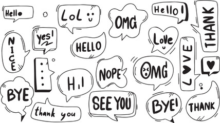 Funny Text Bubble Doodles – Chat Expression, Emojis, Cartoon Speech, Comic Style, Black and White, Pop Talk, LOL, OMG, NOPE