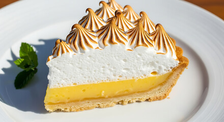 Delightful lemon meringue tart slice with toasted meringue peaks and fresh mint, presented beautifully on a white plate.