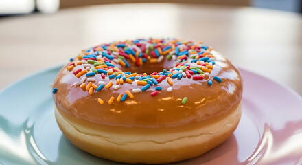 A delicious donut topped with colorful sprinkles glistens invitingly, sitting on a plate ready to be enjoyed as a sweet treat.