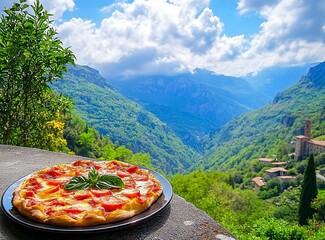 Beautiful, winding asphalt road in the green forest with mountains and clouds in the background, northern Italy. A scenic highway for car travel through the natural landscape of the Alps. Restaurant C