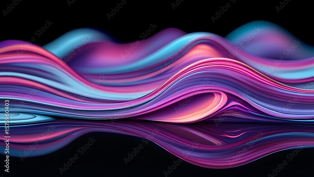 Poster abstract dynamic wave pattern with reflective surface in turquoise, violet, and magenta, swirling li