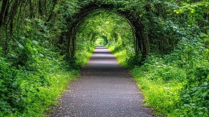 A pathway lined with trees creates a tunnel-like effect through a lush green forest.