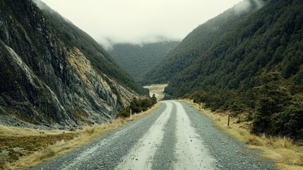 Naklejka premium Winding gravel road through a mountainous valley.