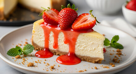 Delicious cheesecake slice beautifully garnished with fresh strawberries and sweet strawberry sauce served on a plate and mint leaf.