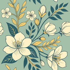 Fototapeta premium Seamless floral pattern with leaves, a vibrant nature-inspired design perfect for vintage textile or spring wallpaper illustration