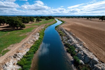 Fototapeta premium A picturesque river gracefully curves through a vibrant landscape dotted with lush greenery, reflecting the clear blue sky and clouds in a tranquil environment.