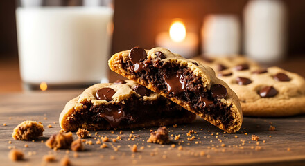 Freshly baked chocolate chip cookies are served with a glass of milk on a rustic wooden table in warm lighting.