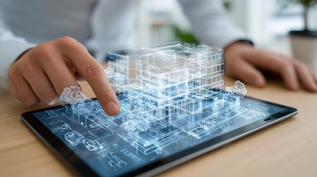 Architect working with BIM technology on digital tablet, 3D building model visible