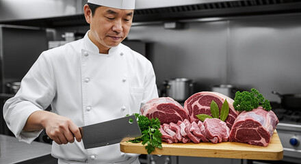 Photorealistic close-up of a chef in a white coat holding a meat cleaver and a wooden cutting board with sliced cured meat, in a professional kitchen.