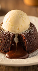 Warm chocolate lava cake drizzled with gooey chocolate sauce, complemented by a scoop of creamy vanilla ice cream on a white plate.