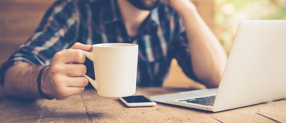Fototapeta premium Person holding a coffee mug and working on a laptop.