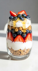 Delicious parfait features layers of yogurt, granola, and fresh berries like strawberries and blueberries, drizzled with sweet honey.