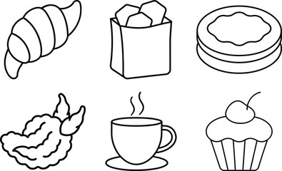 Bakery and Coffee Treats Line Art Vector Illustration – Croissant, Coffee, Cupcake, Pie – Clean Flat Icons