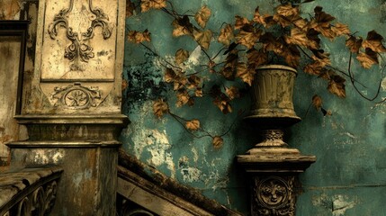 Ornate aged stone structure with dried leaves and antique urn.
