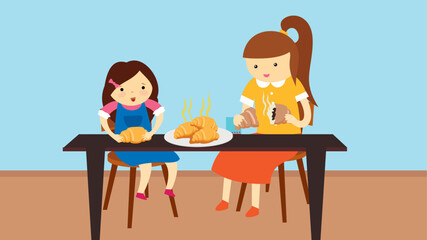 Mother and daughter sitting at table and eating croissants. Vector illustration