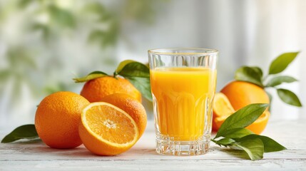 Glass of orange juice with fresh oranges and leaves on white table